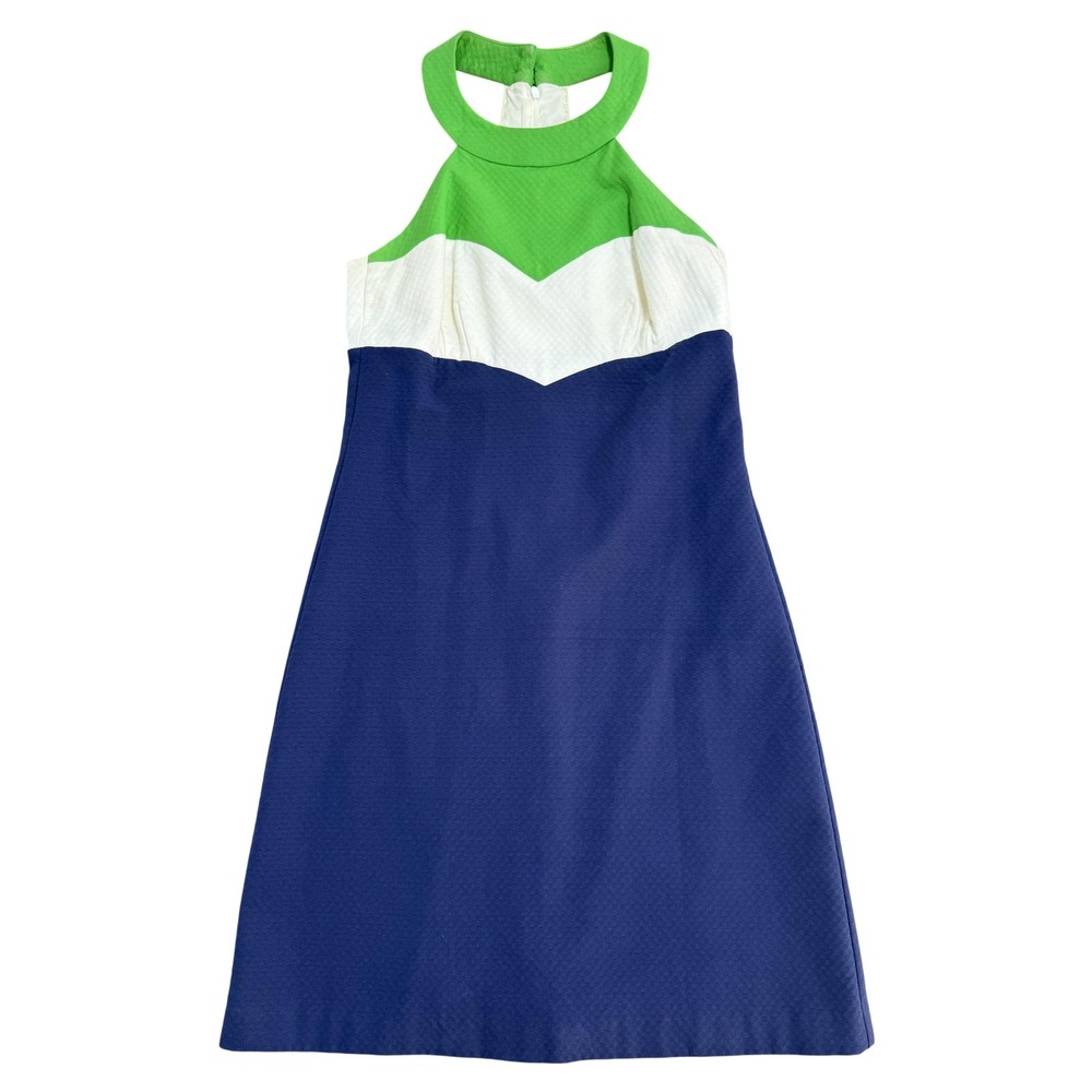 Trina Turk Dress Womens 4‎ Green Blue Colorblock Halter Shift Lined Made USA